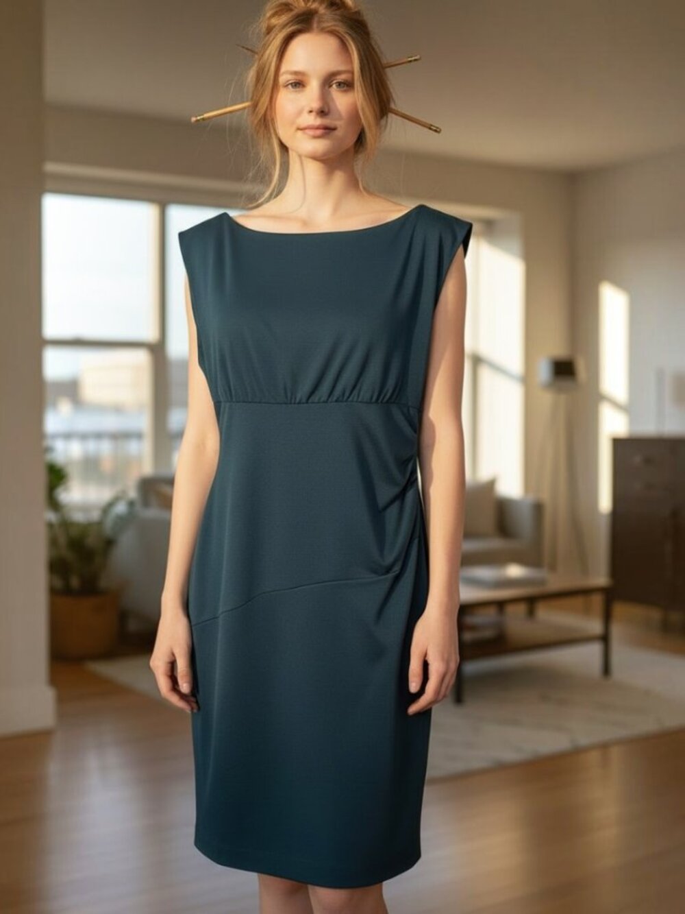 Jones‎ New York Teal Midi Sheath with Side Ruching Size 12